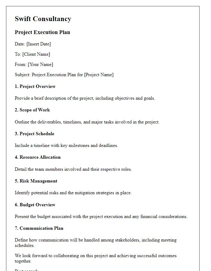 Letter template of swift consultancy project execution plan.