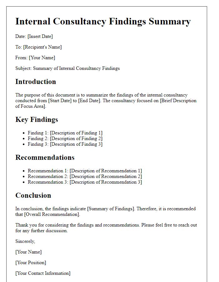 Letter template of internal consultancy findings summary