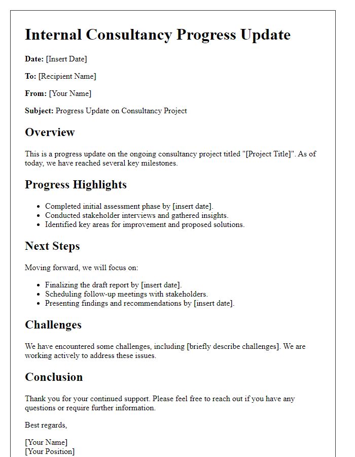 Letter template of internal consultancy progress update