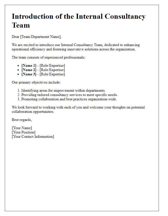 Letter template of internal consultancy team introduction