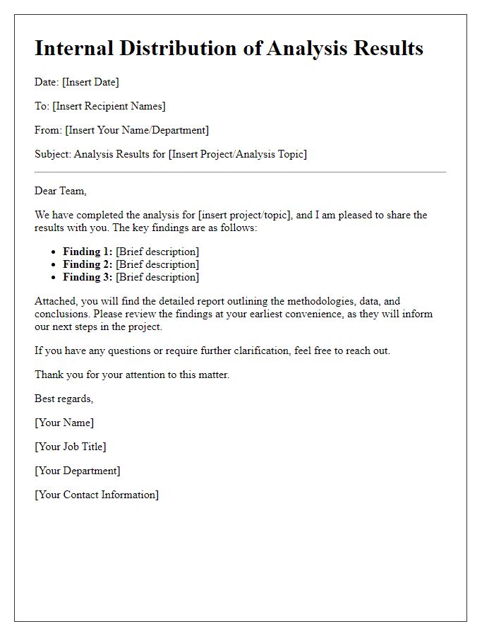 Letter template of analysis results for internal distribution.