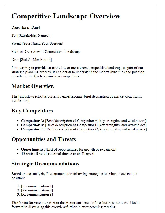 Letter template of competitive landscape overview for stakeholders.