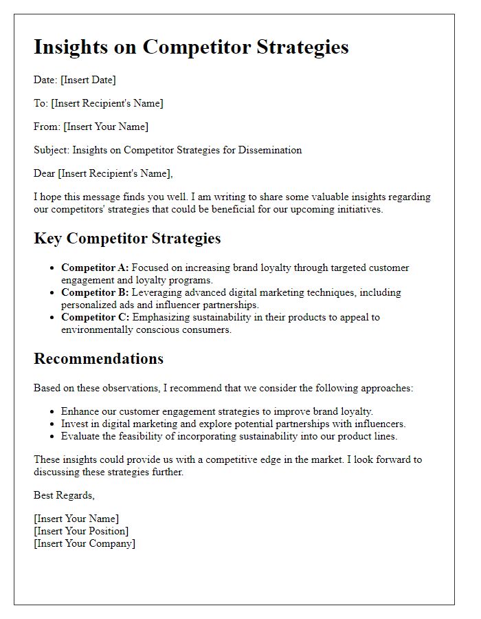 Letter template of insights on competitor strategies for dissemination.