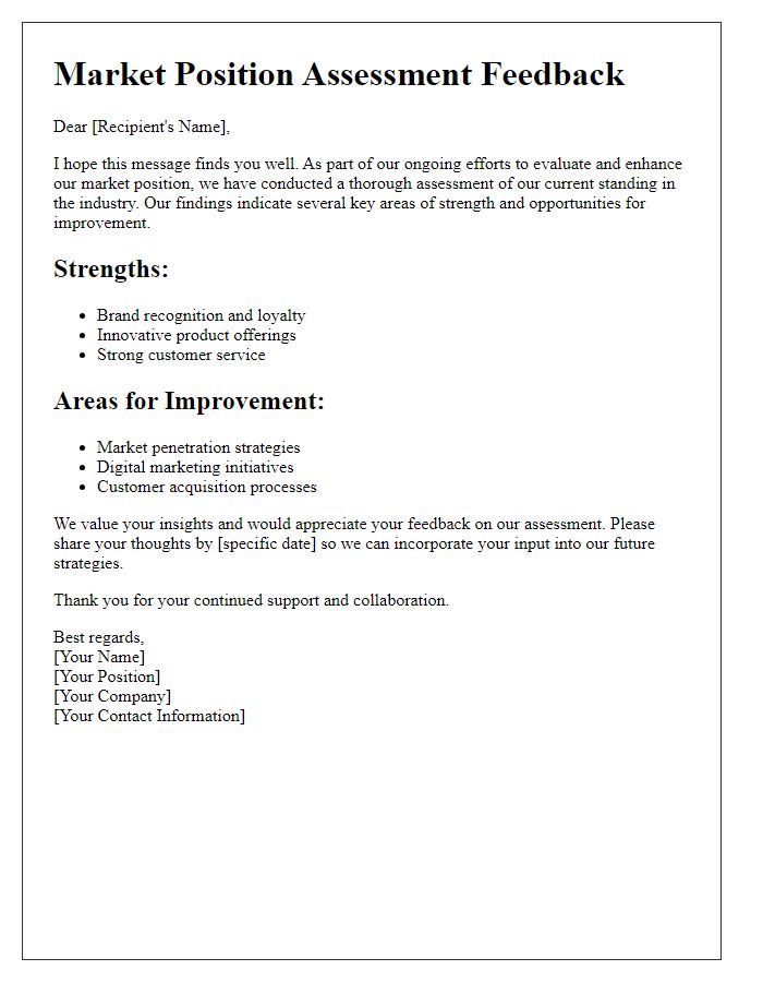 Letter template of market position assessment for feedback.