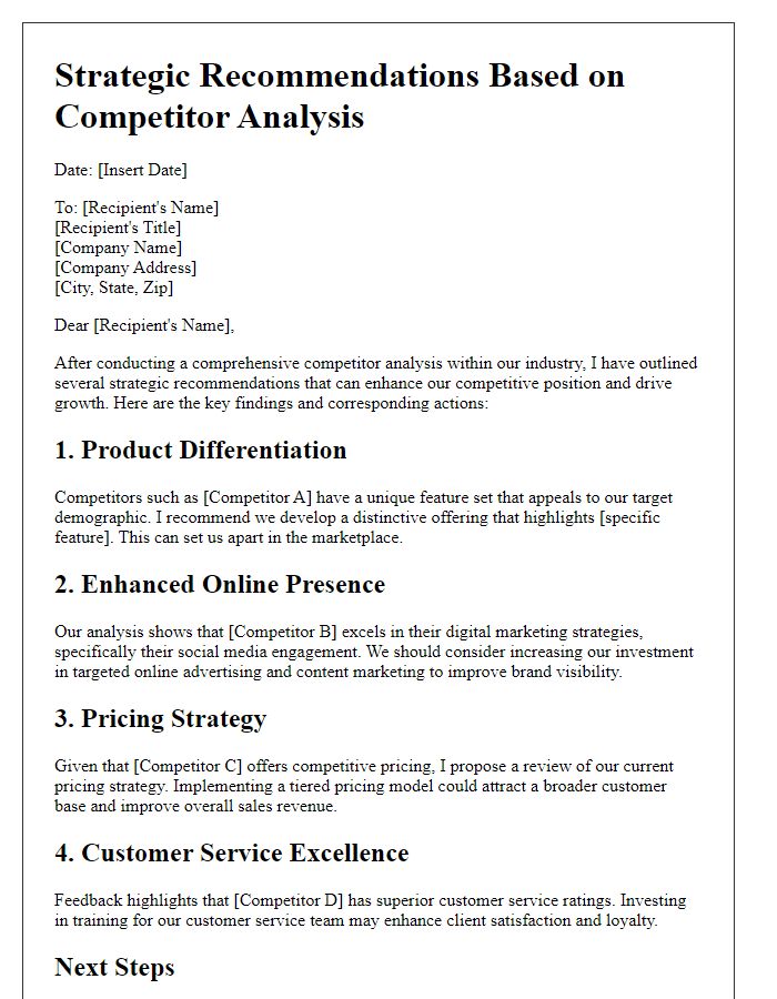 Letter template of strategic recommendations based on competitor analysis.