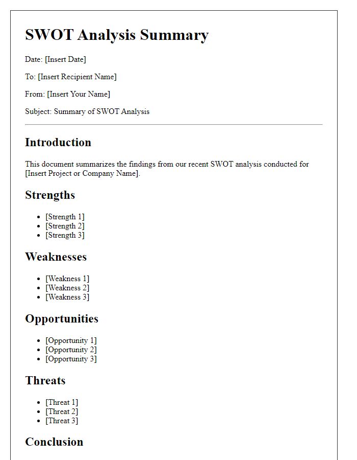 Letter template of SWOT analysis summary for presentation.