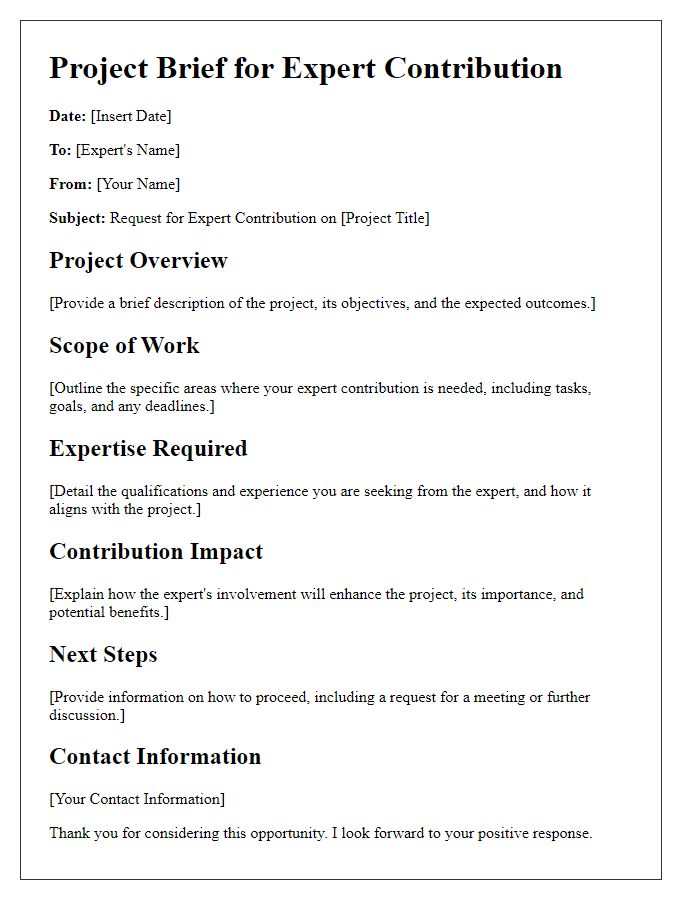 Letter template of an advanced project brief for expert contribution