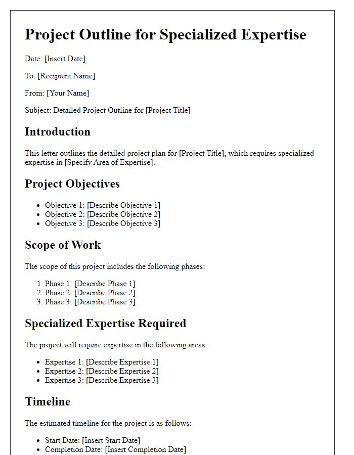 Letter template of a detailed project outline for specialized expertise