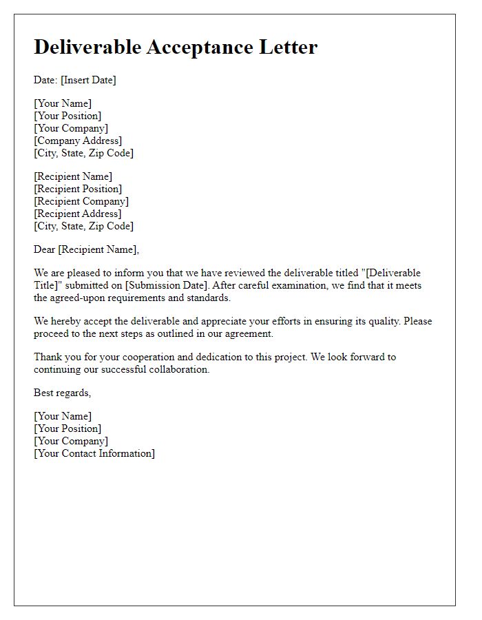 Letter template of deliverable acceptance letter