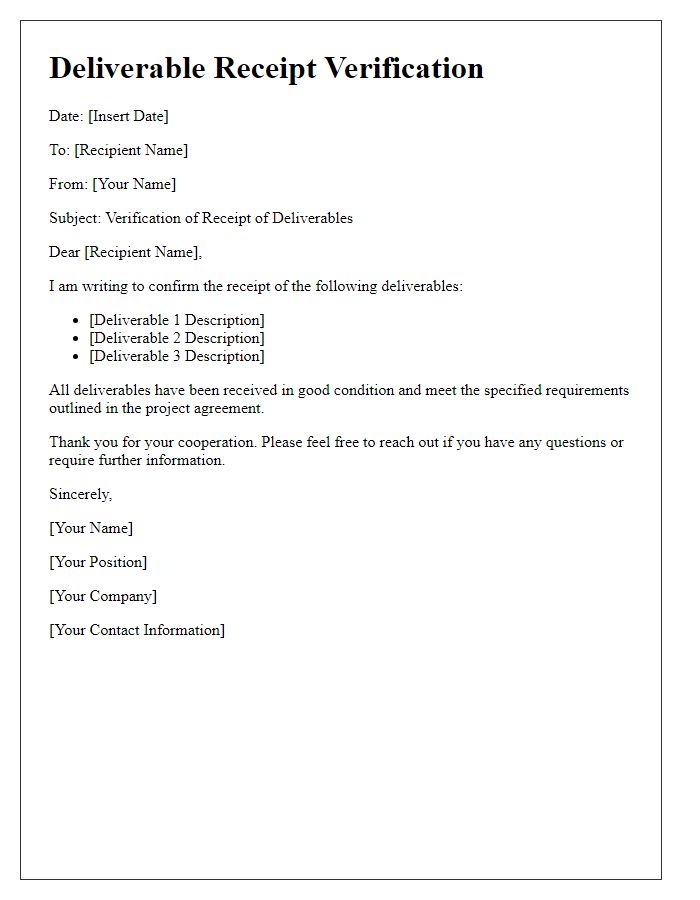 Letter template of deliverable receipt verification