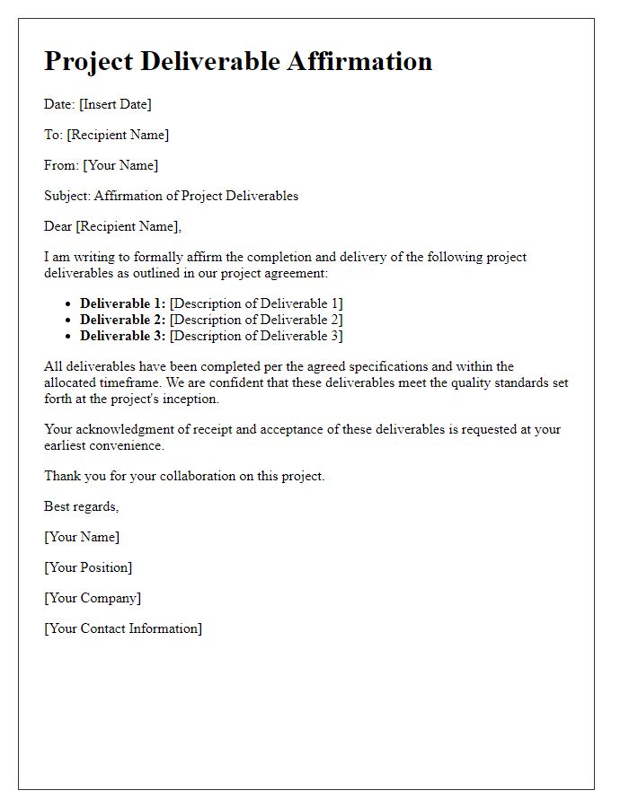 Letter template of project deliverable affirmation