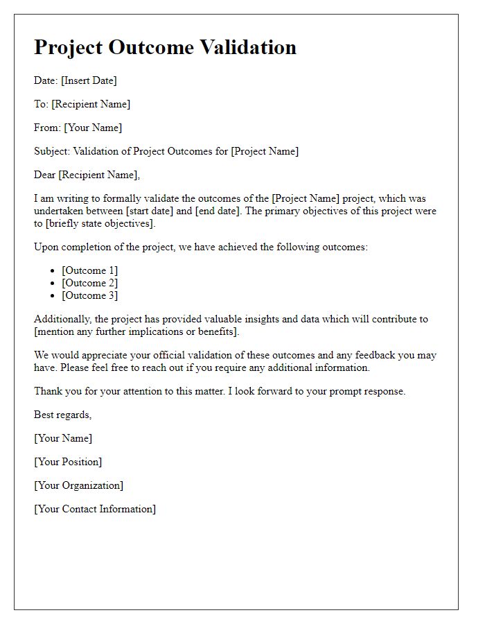 Letter template of project outcome validation