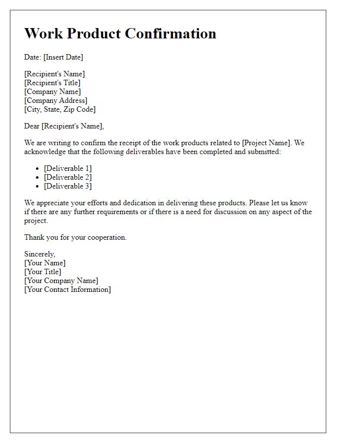 Letter template of work product confirmation