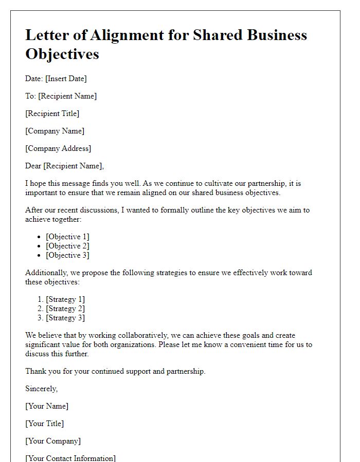 Letter template of alignment for shared business objectives