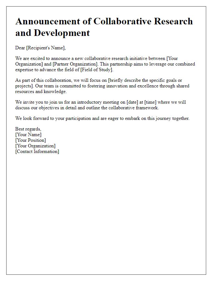 Letter template of announcement for collaborative research and development