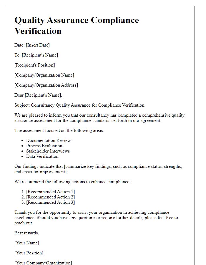 Letter template of consultancy quality assurance for compliance verification.