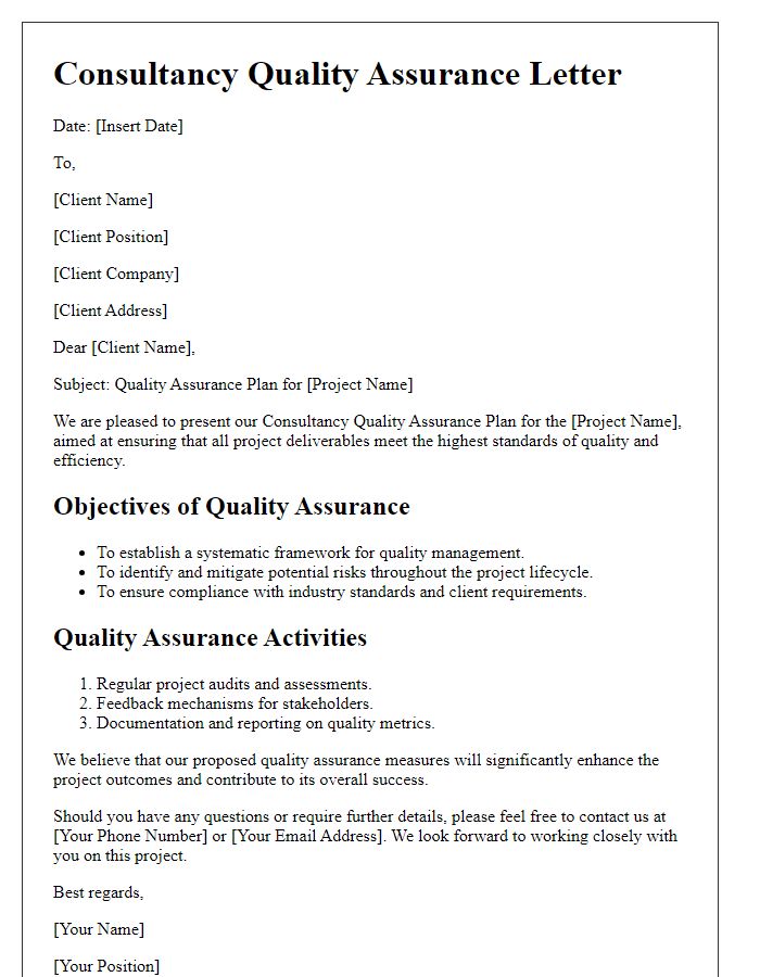 Letter template of consultancy quality assurance in project management.