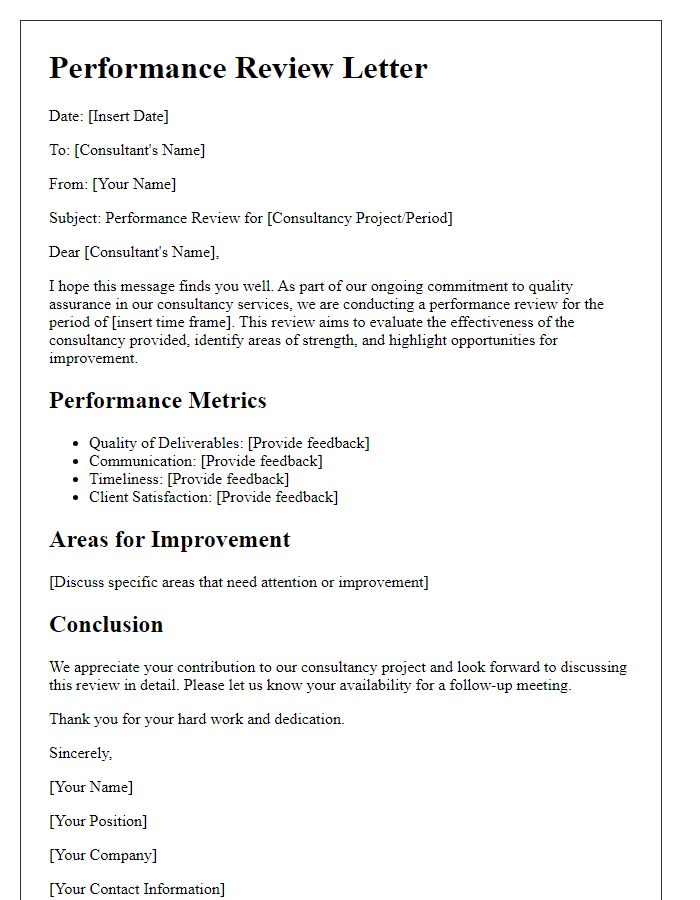 Letter template of consultancy quality assurance for performance review.