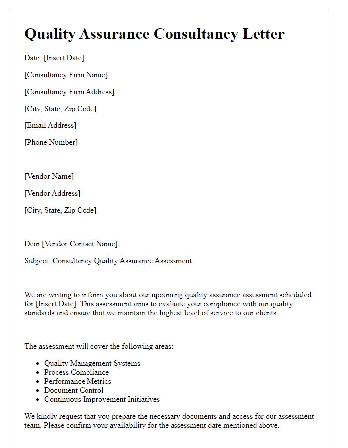 Letter template of consultancy quality assurance for vendor assessments.