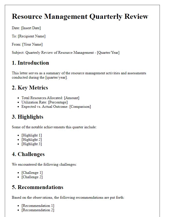 Letter template of resource management quarterly review