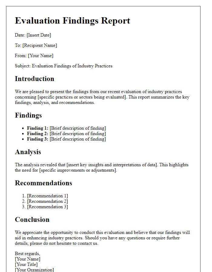 Letter template of evaluation findings for industry practices