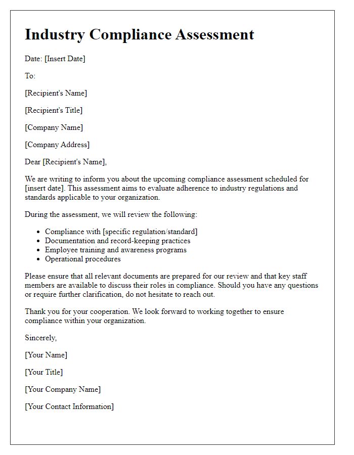 Letter template of industry compliance assessment