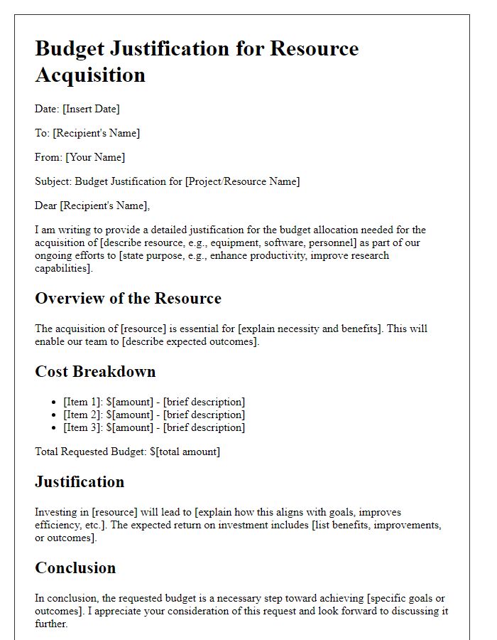 Letter template of budget justification for resource acquisition