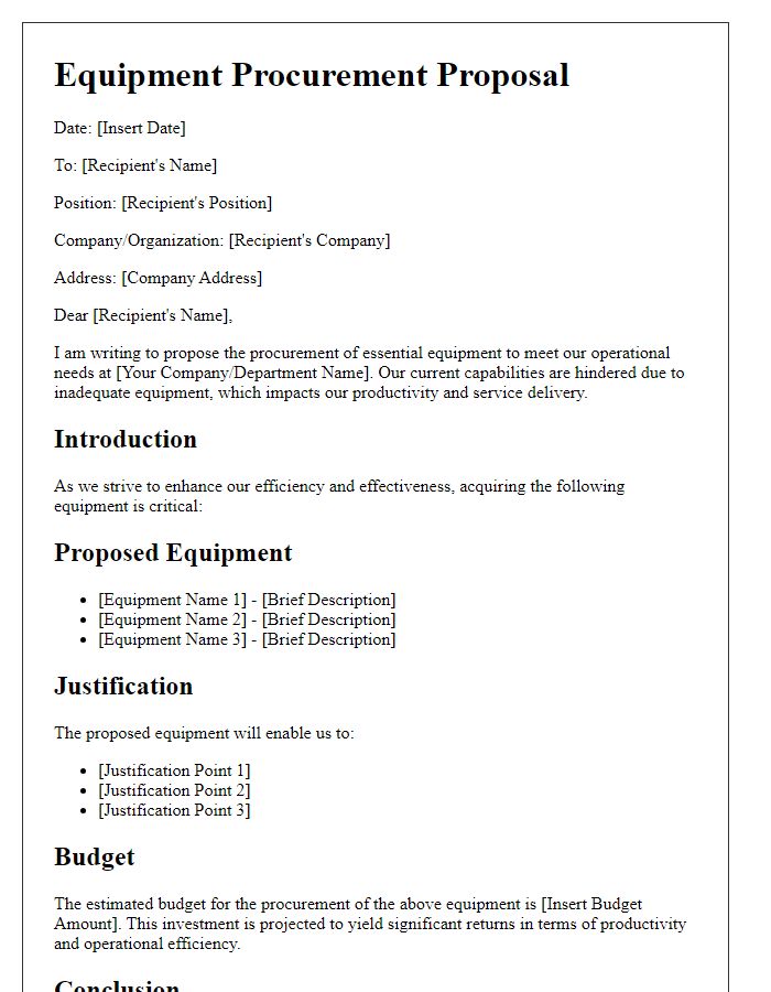 Letter template of equipment procurement proposal for operational needs