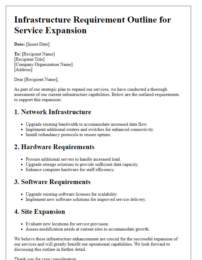 Letter template of infrastructure requirement outline for service expansion