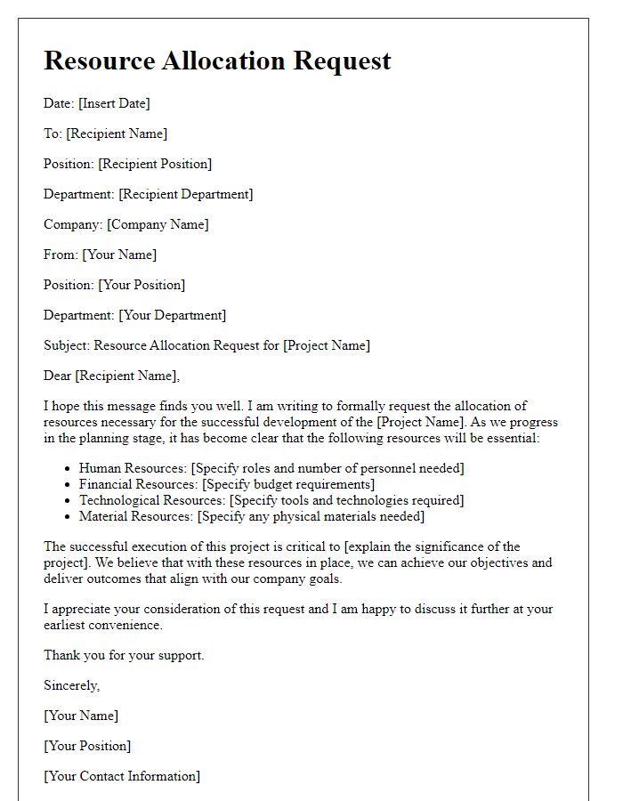 Letter template of resource allocation request for project development