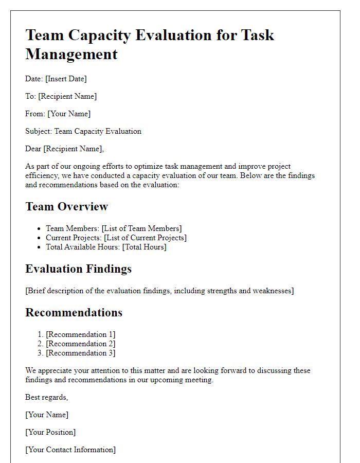 Letter template of team capacity evaluation for task management