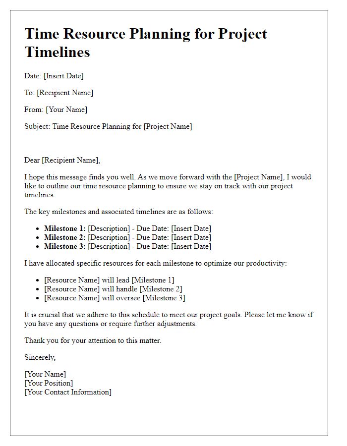 Letter template of time resource planning for project timelines