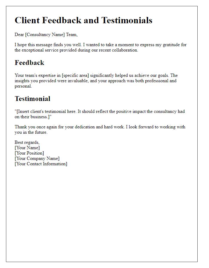 Letter template of client feedback and testimonials in consultancy