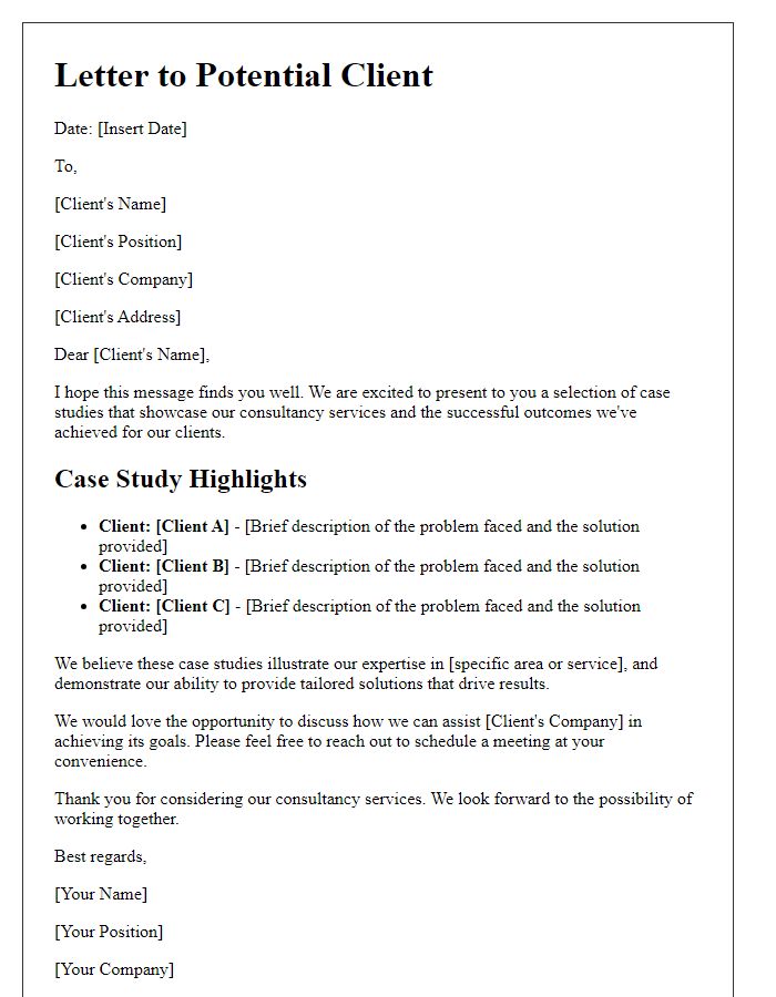 Letter template of consultancy case studies for potential clients