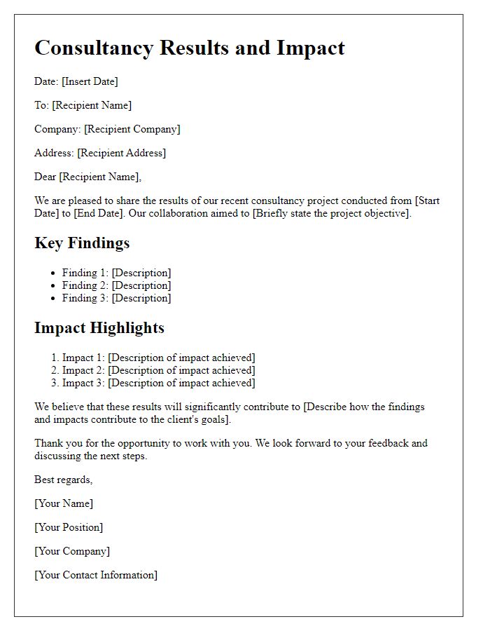 Letter template of consultancy results and impact highlighting