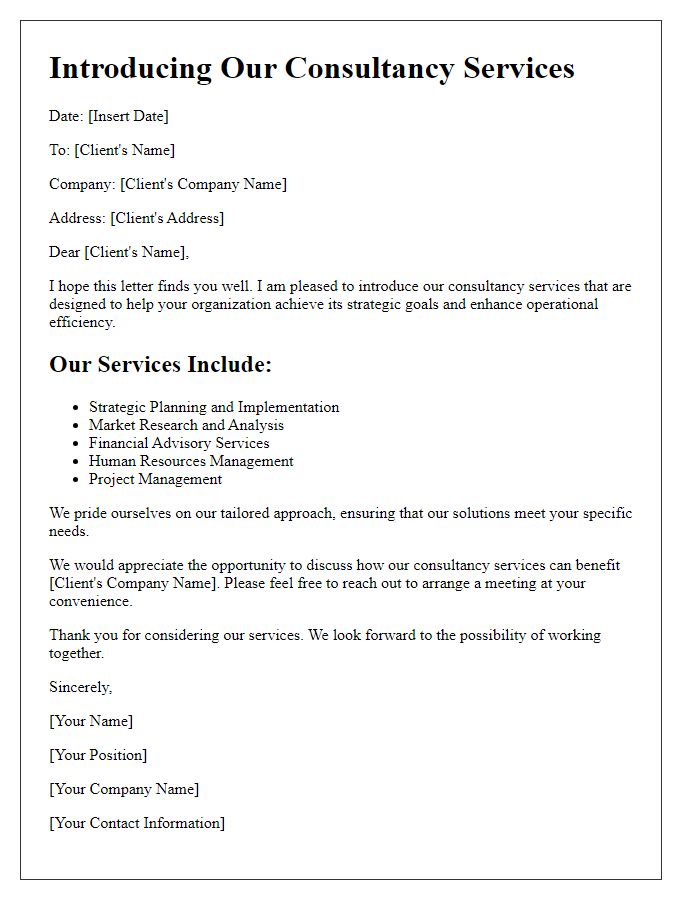 Letter template of introductory consultancy services showcase