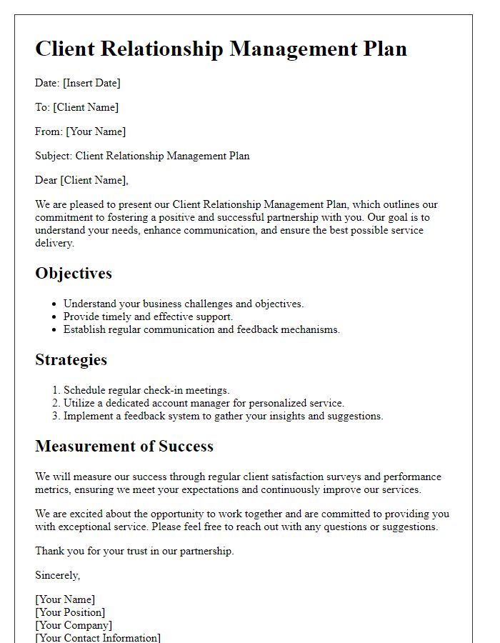 Letter template of client relationship management plan