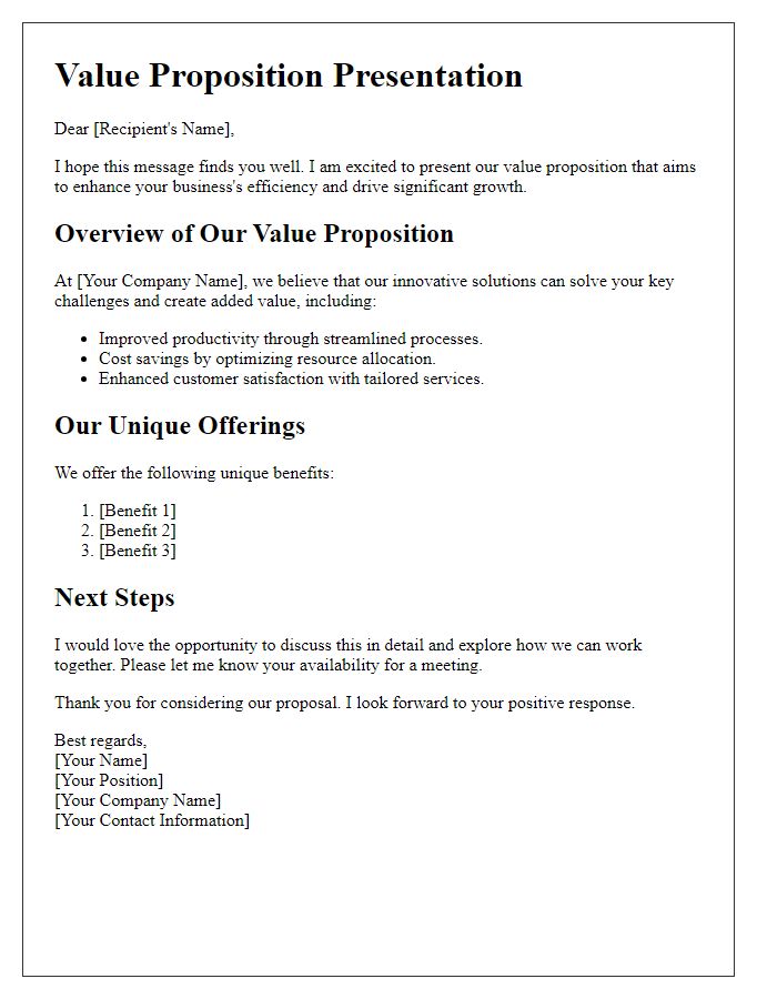 Letter template of value proposition presentation