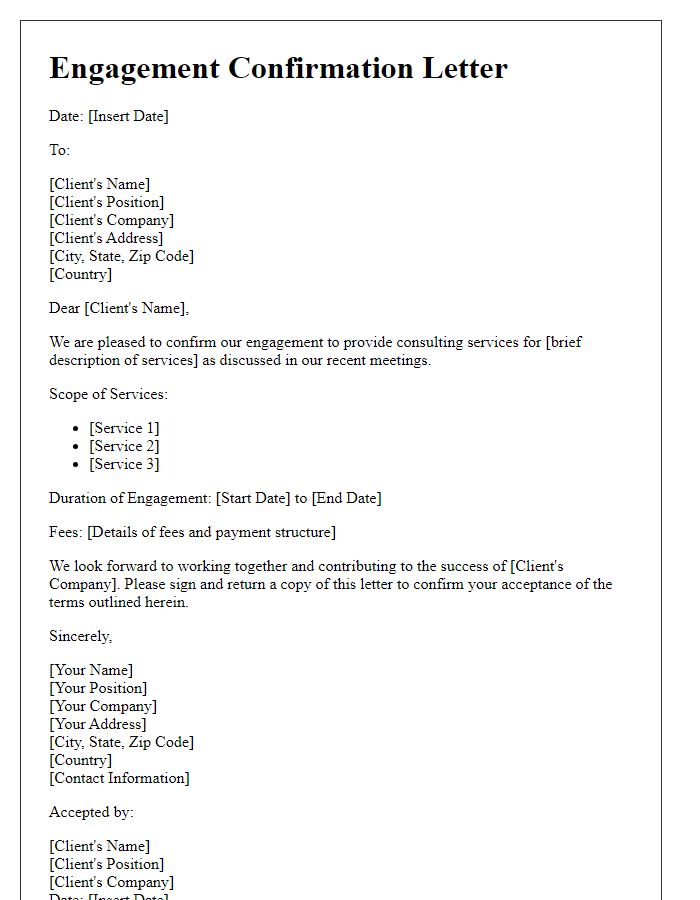 Letter template of engagement confirmation for international consulting services.