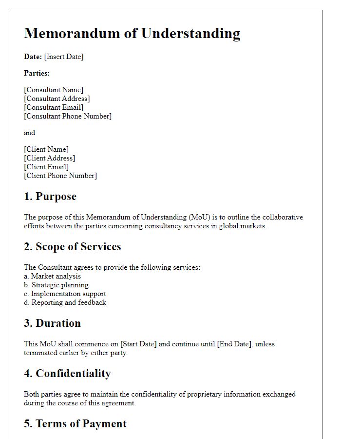 Letter template of memorandum of understanding for consultancy in global markets.