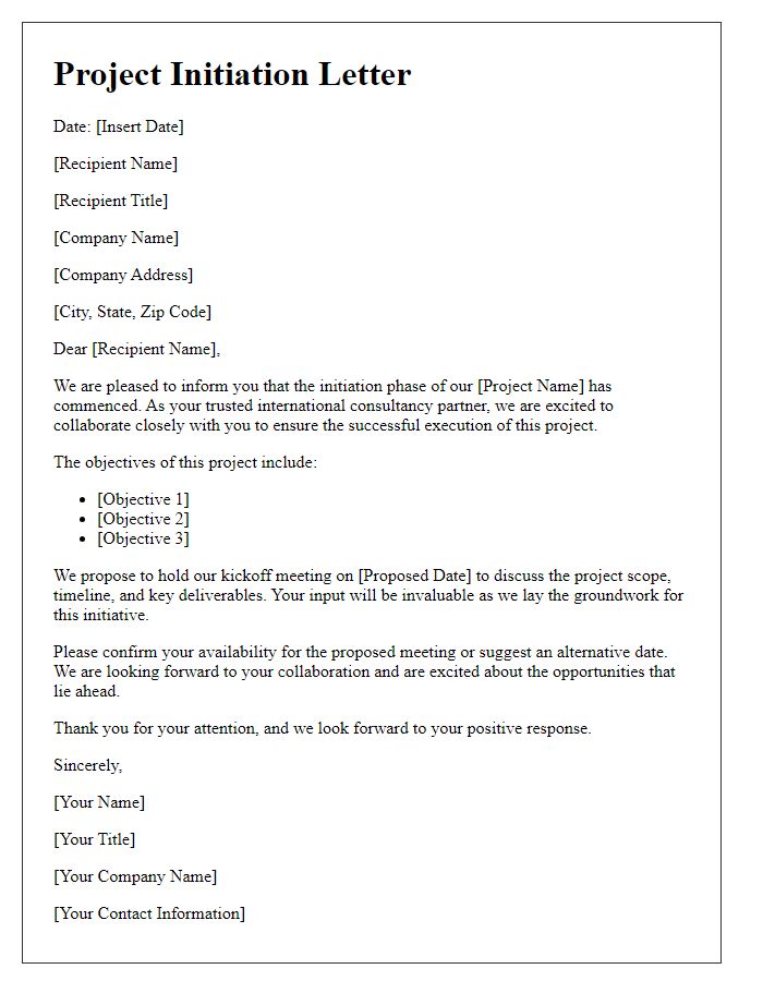 Letter template of project initiation for international consultancy.