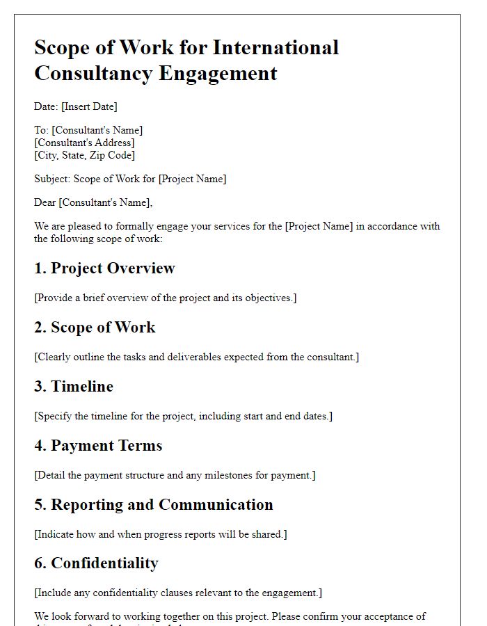 Letter template of scope of work for international consultancy engagement.