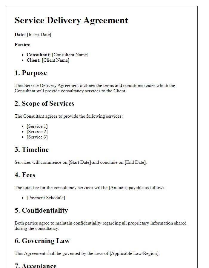 Letter template of service delivery agreement for international consultancy.