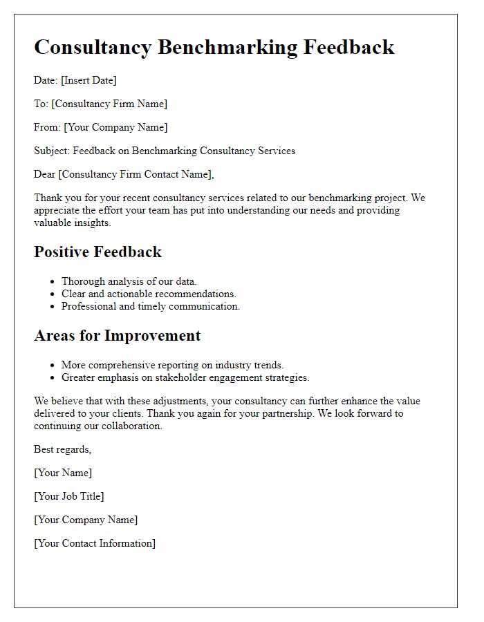 Letter template of consultancy benchmarking feedback