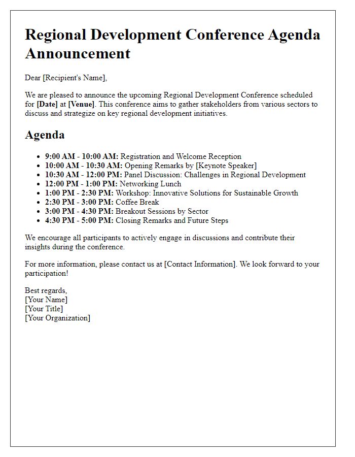 Letter template of agenda announcement for regional development conference.