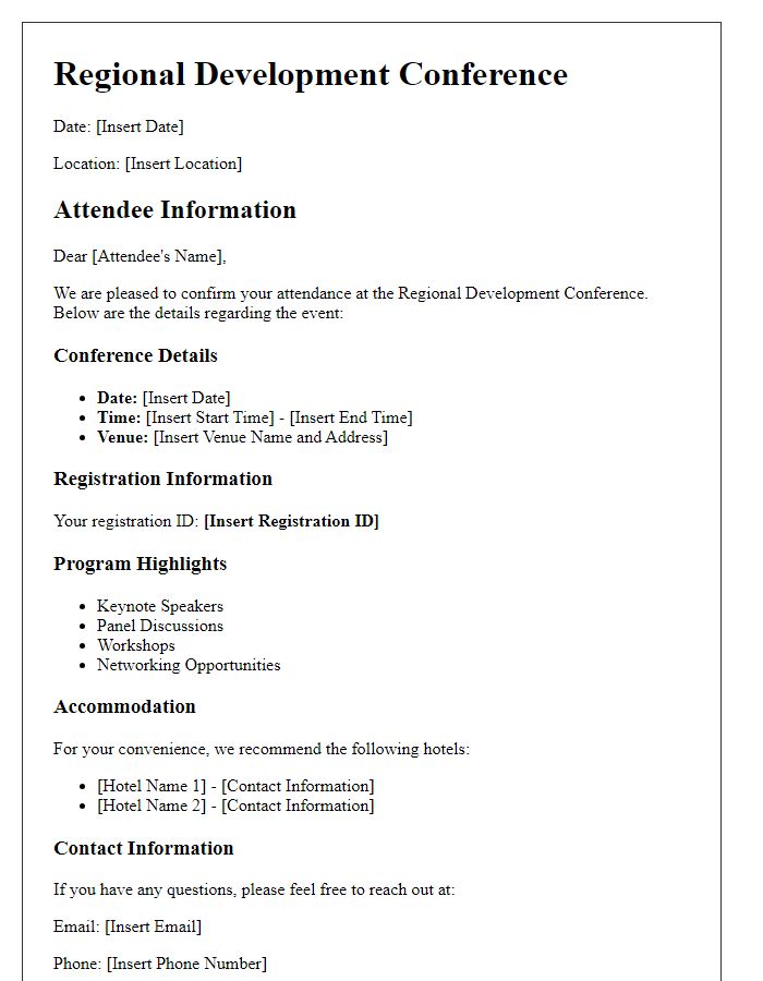 Letter template of attendee information for regional development conference.