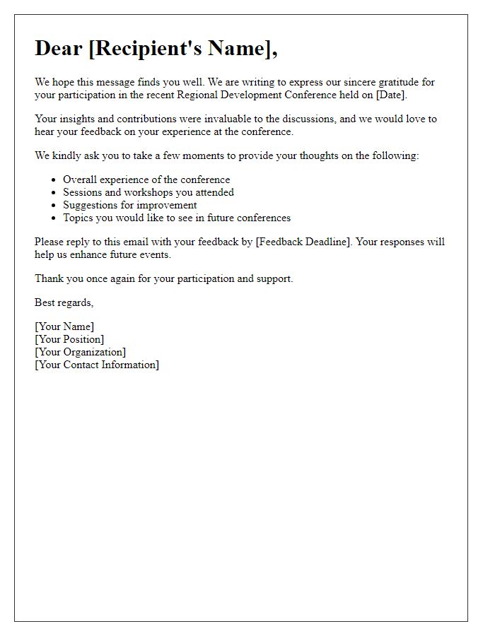 Letter template of feedback request post regional development conference.