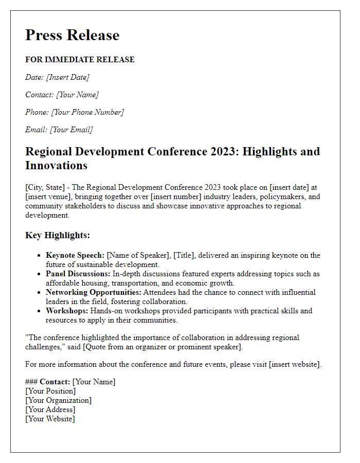 Letter template of press release for regional development conference highlights.