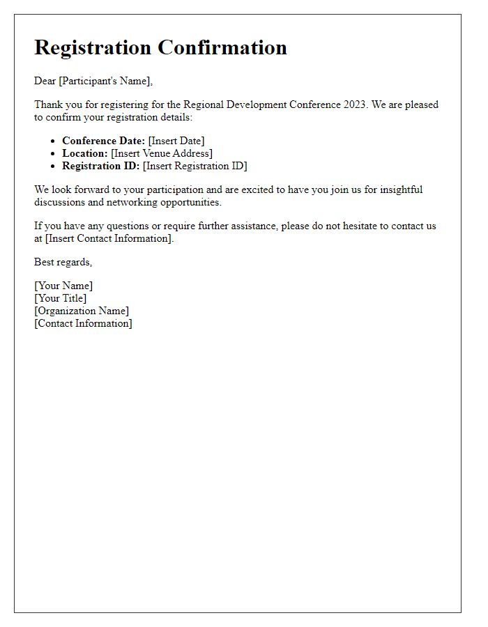 Letter template of registration confirmation for regional development conference.