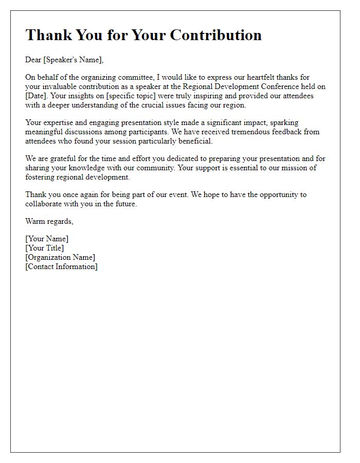 Letter template of thank you note for regional development conference speakers.